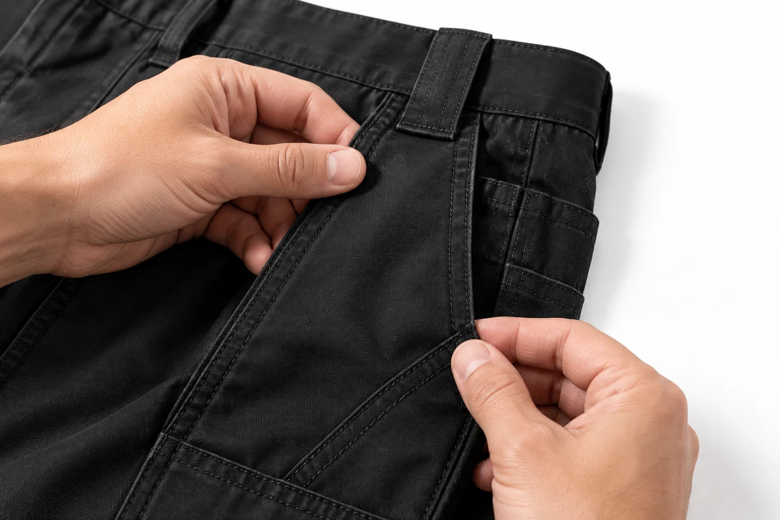 Hands inspecting the pocket edge and stitching of black work pants