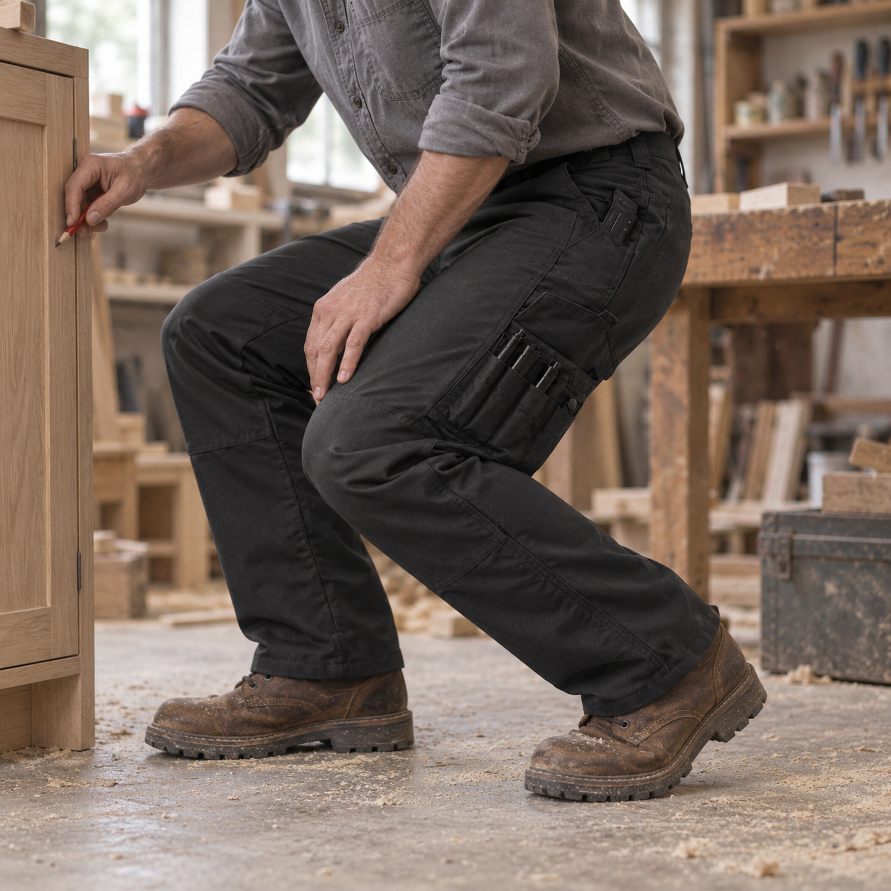 Carpenter crouching beside a cabinet in black utility work pants