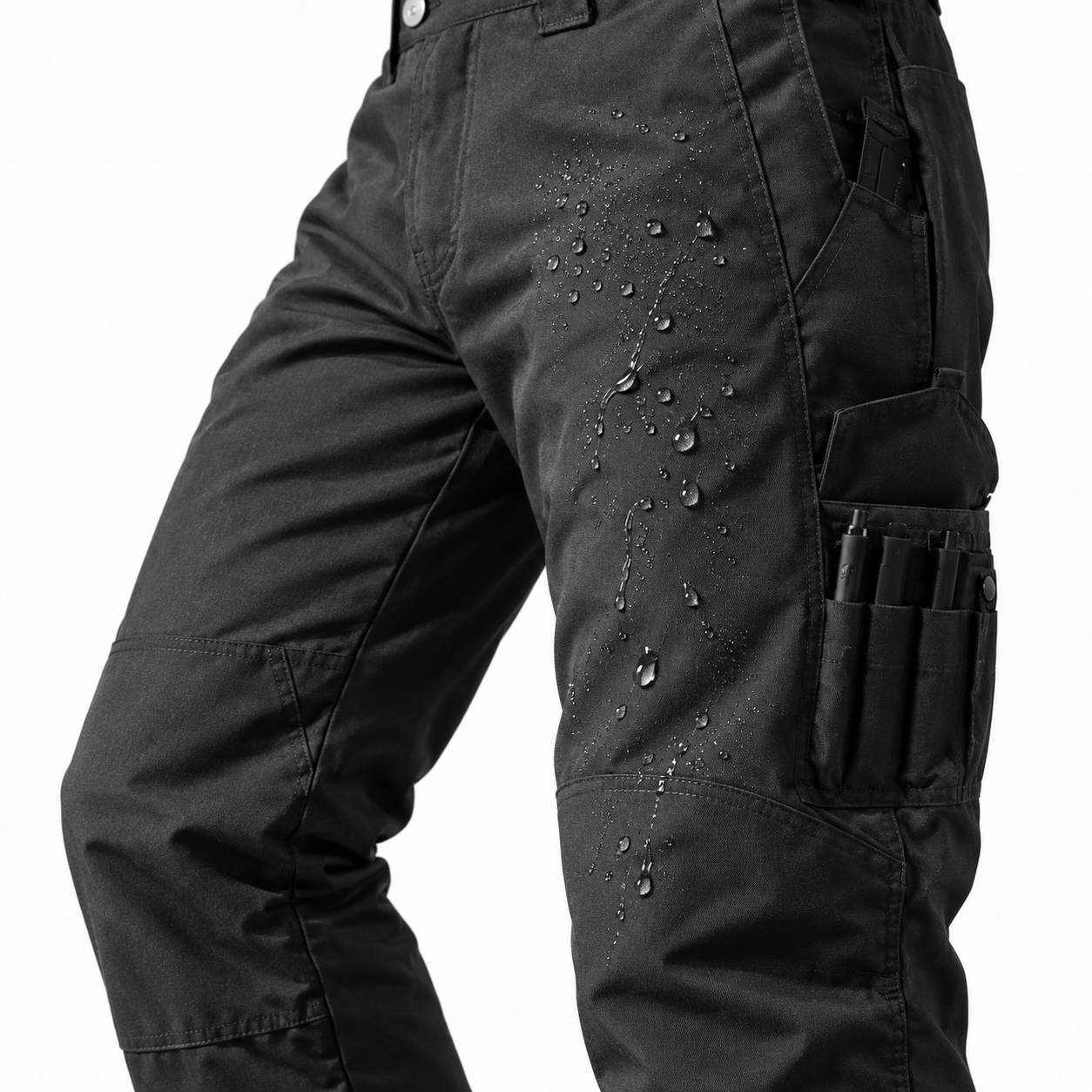 Water droplets on the surface of black Handolf work pants